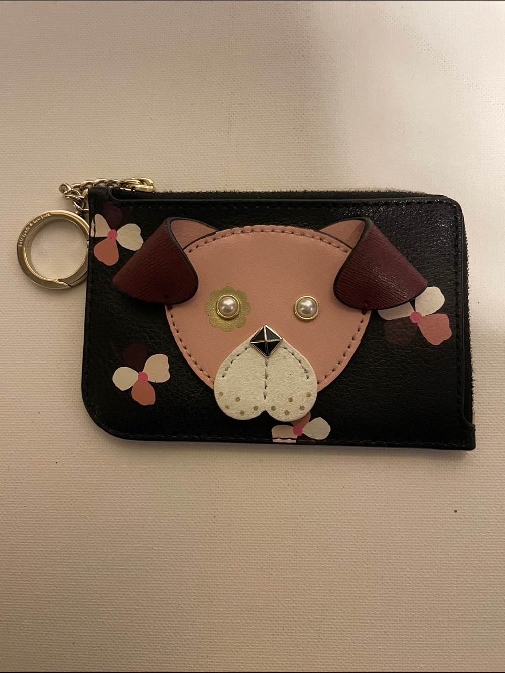 kate spade Black Floral Dog Appliqué Card Wallet with Pink and Brown Accents